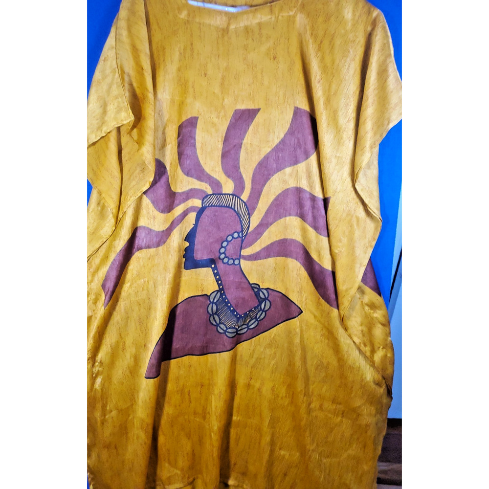 Vintage African Essence Kaftan Dress Womens One Size Yellow Afrocentric Graphic - Picture 2 of 14